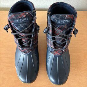 WOMENS SPERRY SALTWATER PLAID WOOL NAVY DUCK BOOTS